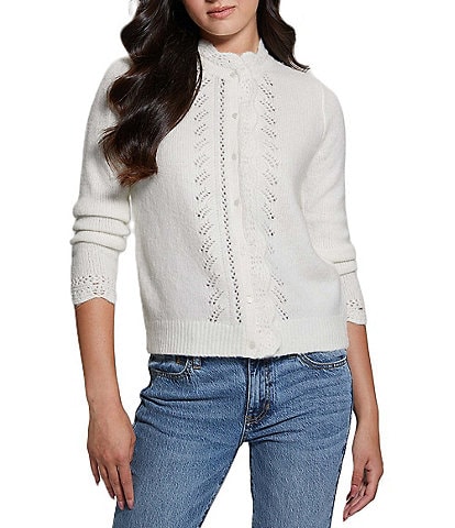 Guess Macie Long Sleeve Crochet Button Front Sweater