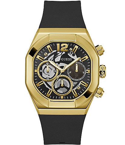 Guess Men's Multifunction Gold Square Case Black Silicone Strap Watch