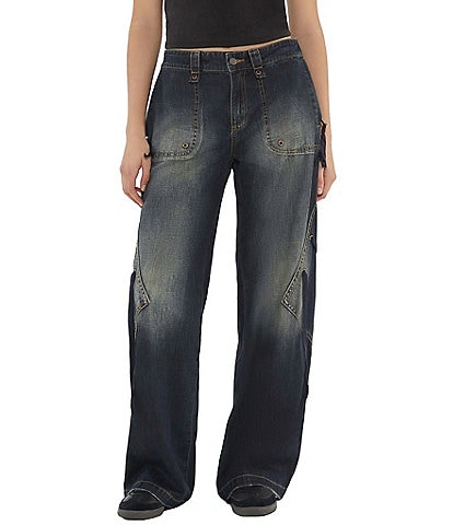 Guess Mid Rise Lace Up Distressed Denim Cargo Pants