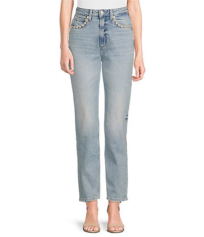 Guess Mom High Rise Straight Leg Embellished Pocket Jeans