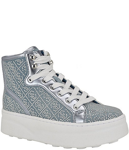 Guess Queenly2 Rhinestone Logo Denim High Top Platform Sneakers