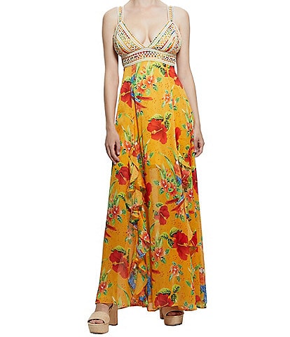 Guess Serena Mixed-Media & Tropical Floral-Printed Maxi Dress