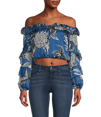 Guess Shani Large Floral Print Off-The-Shoulder Long Sleeve Ruffle Crop Top