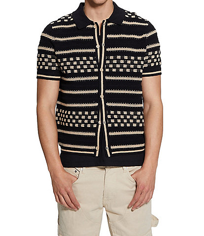 Guess Short Sleeve Checker Stripe Slater Polo Sweater