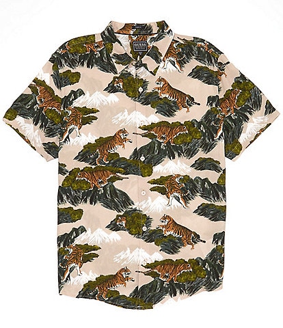 Guess Short Sleeve Mountain Tiger Printed Woven Shirt