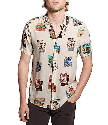 Guess Short Sleeve Post Card Collage Printed Woven Shirt