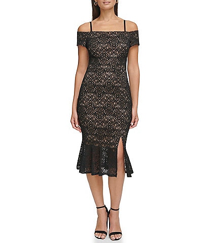 Guess Stretch Lace Off-the-Shoulder Short Sleeve Flounce Midi Dress