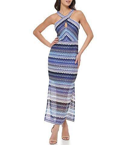 Guess Striped Crochet Lace Sleeveless Side Slit Crisscross Halter Keyhole Neck Maxi Dress