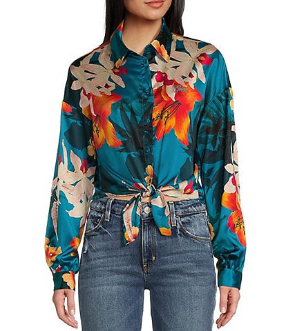 Guess Tropical Floral Print Front Tie Hem Button Front Long Sleeve Shirt