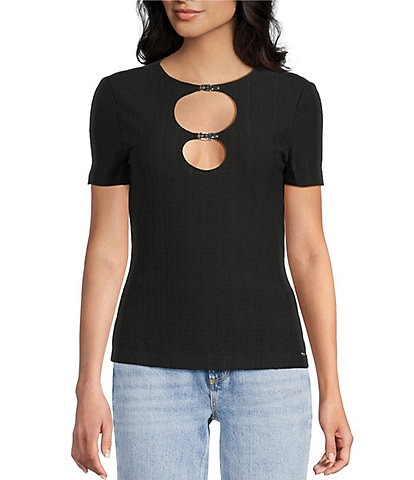 Guess Valeria Short Sleeve Hook Detailed Textured Knit Top