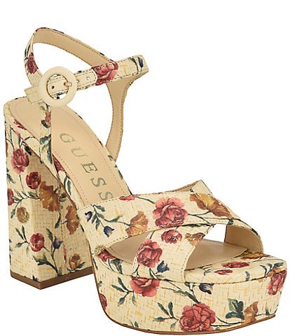 Guess Vallenn 3 Floral Print Platform Block Heel Dress Sandals