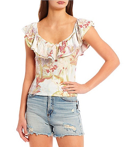 Guess Veronika Floral Printed Sleeveless Double-Ruffle Top