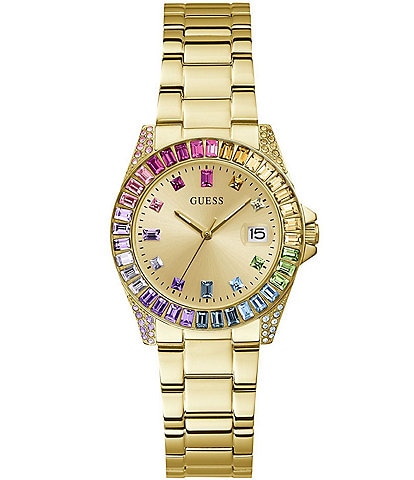 Guess Women's Analog Rainbow Crystal Gold Tone Stainless Steel Bracelet Watch