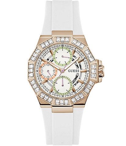 Guess Women's Baguette Multifunction Crystal White Silicone Strap 39mm Watch