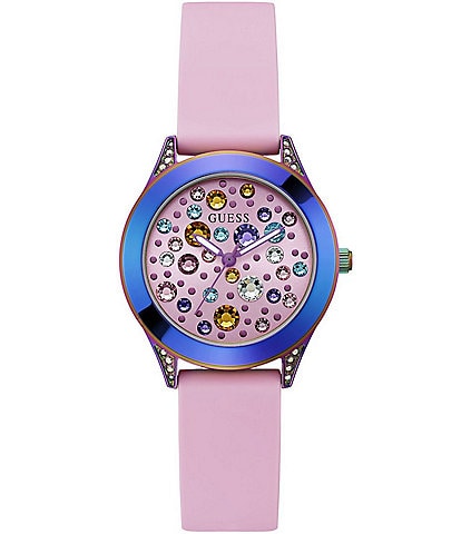 Guess Women's Multi Rhinestone Dial Analog Pink Silicone Strap Watch