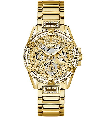 Guess Women's Queen Multifunction Gold Tone Glitz Stainless Steel Bracelet Watch