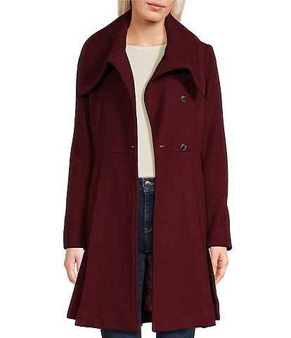 Guess Wing Collar Long Sleeve Fit and Flare Wool Blend Knit Coat