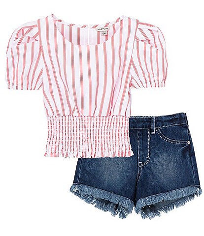 Habitual Little Girls 2T-6X Short Puff Sleeve Striped Smocked Waist Stripe Top & Frayed Hem Denim Short 2-Piece Set