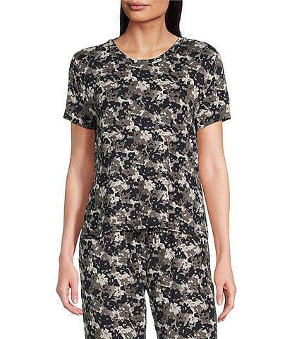 Half Moon by Modern Movement Floral Camo Jersey Knit Short Sleeve Round Neck Coordinating High-Low Hem Lounge Top