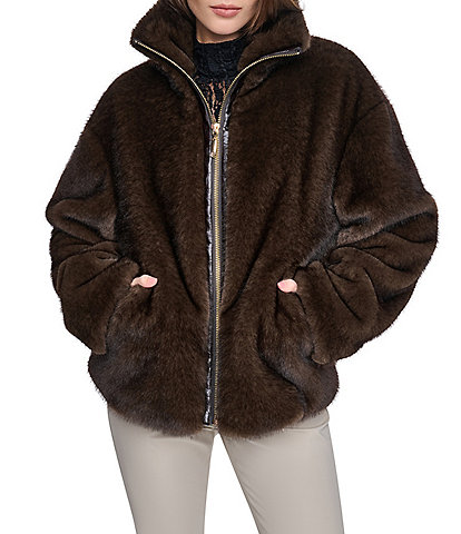 Halston Faux Fur Funnel Collar Long Sleeve Zip Front Teddy Jacket