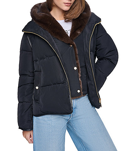 Halston Faux Fur Hooded Zip Front Puffer Jacket