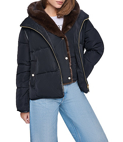 Halston Faux Fur Hooded Zip Front Puffer Jacket