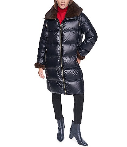 Halston Faux Fur Notch Collar Zip Front Down Jacket
