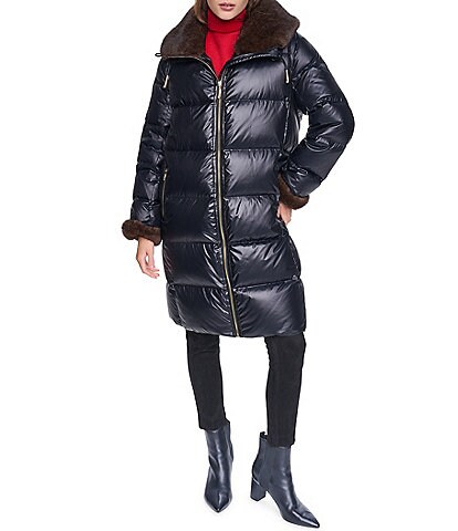 Halston Faux Fur Notch Collar Zip Front Down Jacket