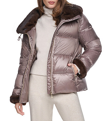 Halston Faux Fur Notch Collar Zip Front Down Puffer Jacket