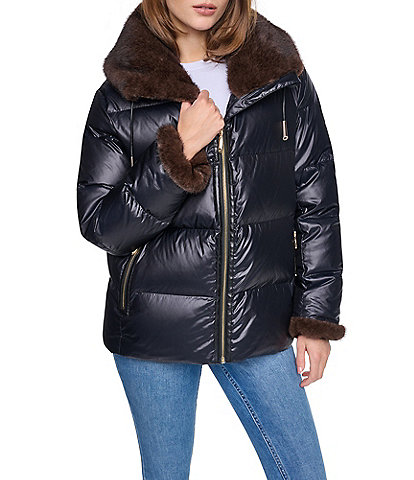 Halston Faux Fur Notch Collar Zip Front Down Puffer Jacket