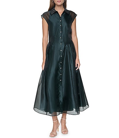 Halston Organza Cap Sleeve Button Front Midi Dress