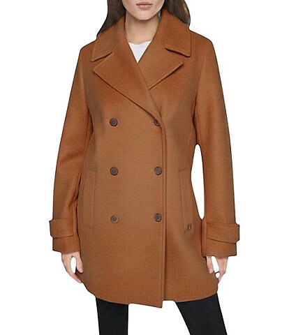 Halston Petite Size Wool Blend Notch Collar Long Sleeve Double Breasted Peacoat