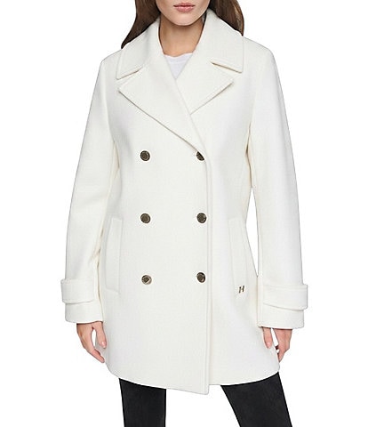 Halston Petite Size Wool Blend Notch Collar Long Sleeve Double Breasted Peacoat