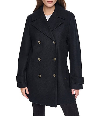 Halston Petite Size Wool Blend Notch Collar Long Sleeve Double Breasted Peacoat