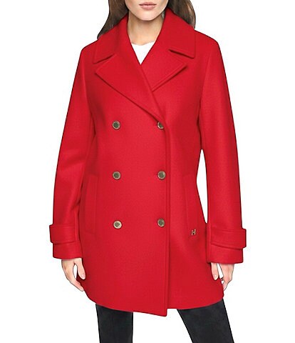 Halston Petite Size Wool Blend Notch Collar Long Sleeve Double Breasted Peacoat