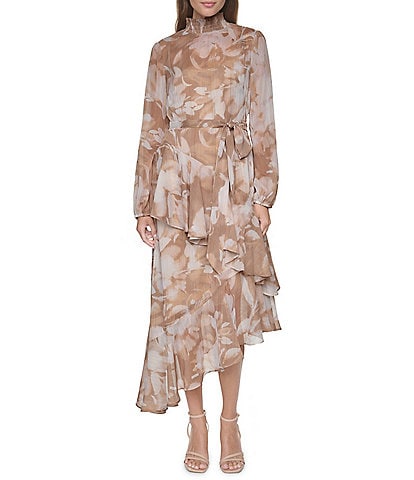 Halston Printed Smocked Neck Long Sleeve Asymmetrical Midi Dress