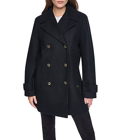 Halston Wool Blend Botch Double Breasted Peacoat