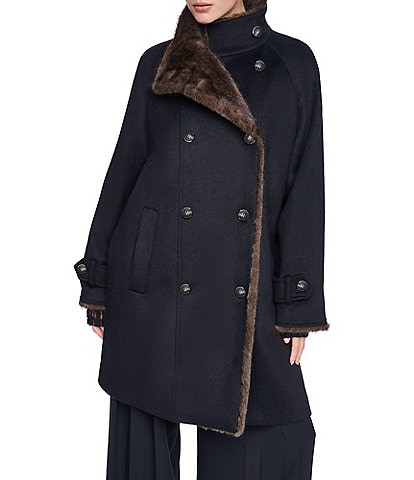 Halston Wool Blend Faux Mink Funnel Asymmetrical Neck Double Breasted Swing Coat