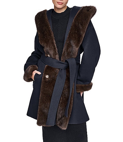 Halston Wool Blended Faux Fur Hooded Belted Wrap Coat