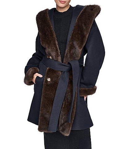 Halston Wool Blended Faux Fur Hooded Belted Wrap Coat