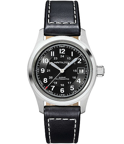 Hamilton Khaki Field Automatic Black Leather Strap Watch