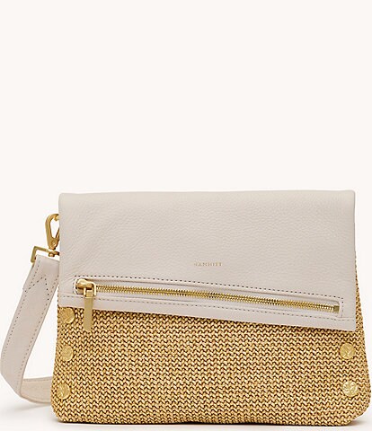 Hammitt Foldover VIP Medium Crossbody Calla Lily White Raffia/Brushed Gold Hammered