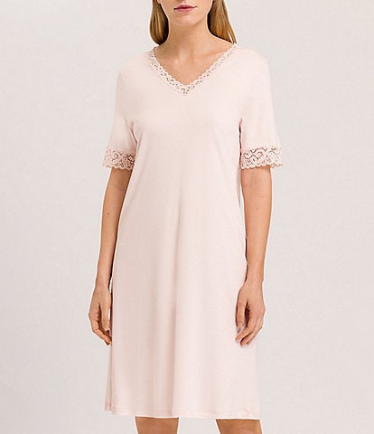 Hanro Moments Short Sleeve V-Neck Lace Trim Nightgown