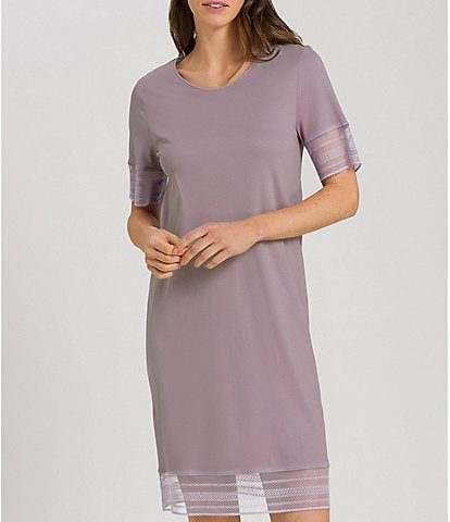 Hanro Sina Short Sleeve Jewel Neck Tulle Lace Insert Cotton Nightgown