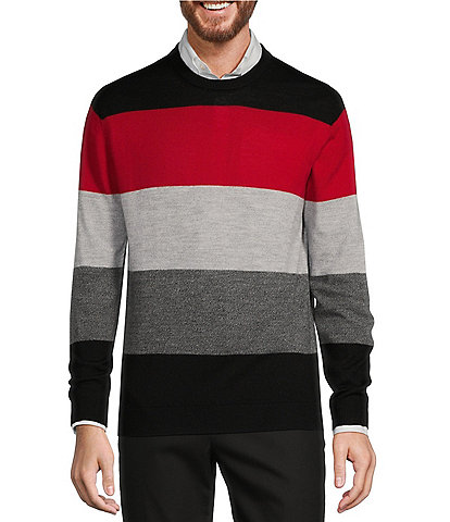 Hart Schaffner Marx Long Sleeve Crewneck Merino Wool Stripe Sweater