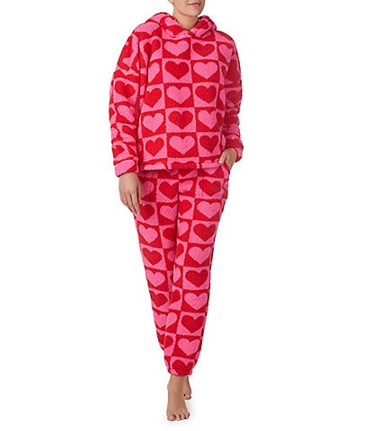Heart Print Plush Long Sleeve Hoodie & Jogger Pajama Set