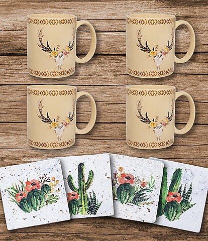 HiEnd Accents 8-Piece Desert Skull Mugs and Cactus Blooms Coasters Set