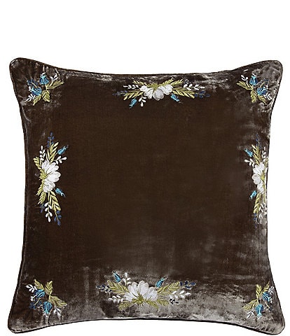 HiEnd Accents Stella Collection Western Floral Embroidered Faux Silk Velvet Square Pillow