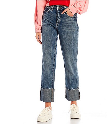 High Rise Oversized Raw Edge Cuff Relaxed Straight Jeans