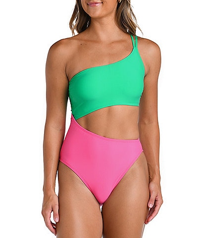 Hobie Color Around The Block Cut-Out One Shoulder Neck One Piece Swimsuit